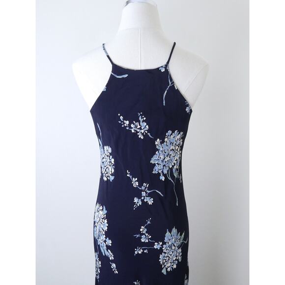 Vintage 1990s Size 4 Rayon Slinky Maxi Dress Navy Blue Floral Print - Picture 8 of 10